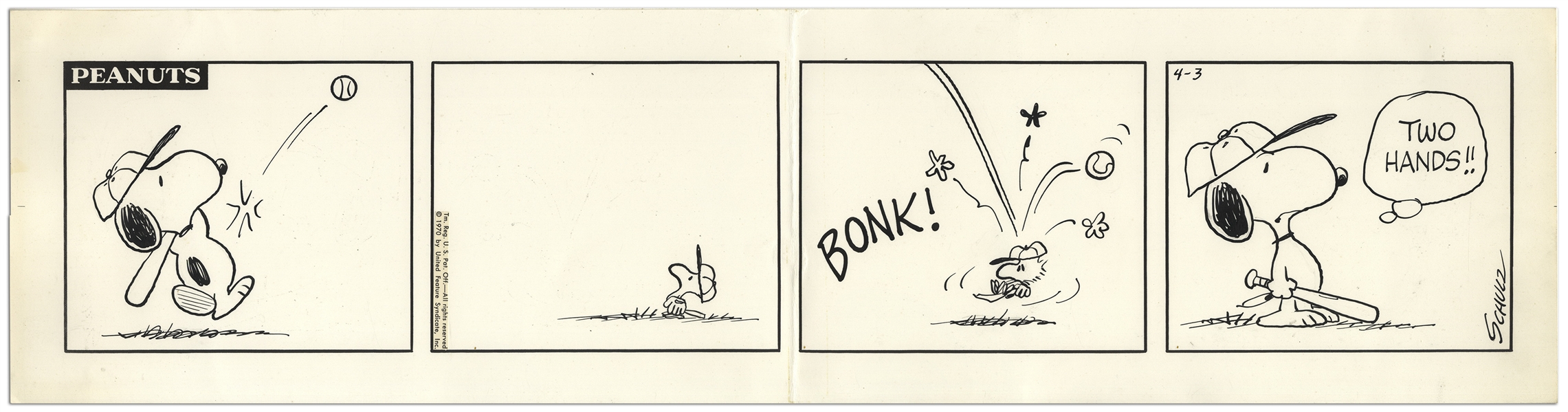 Charles Schulz Original Hand-Drawn ''Peanuts'' Comic Strip -- Snoopy Hits a Baseball to Woodstock, Who's About as Big as the Ball